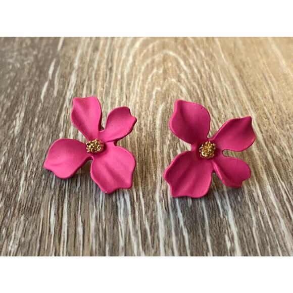 Hand Painted Fuchsia Metal Flower Earrings - Picture 1 of 1